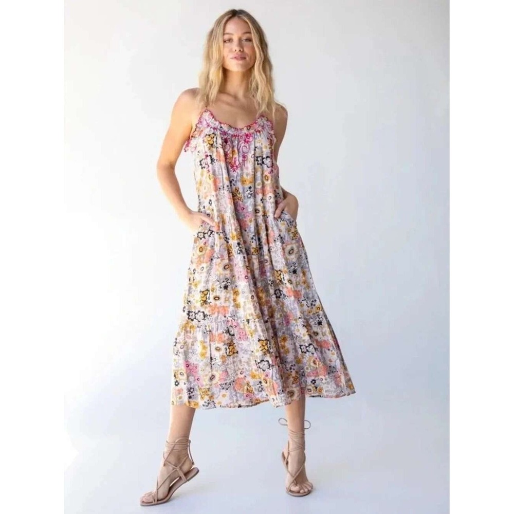 Natural Life Harley Floral Tiered Midi Dress Pink Yellow Embroidered Boho XL
